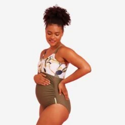 Zwangerschapsbadpak Voor Aquagym Zwemmen AYA Kaki Flo Wit